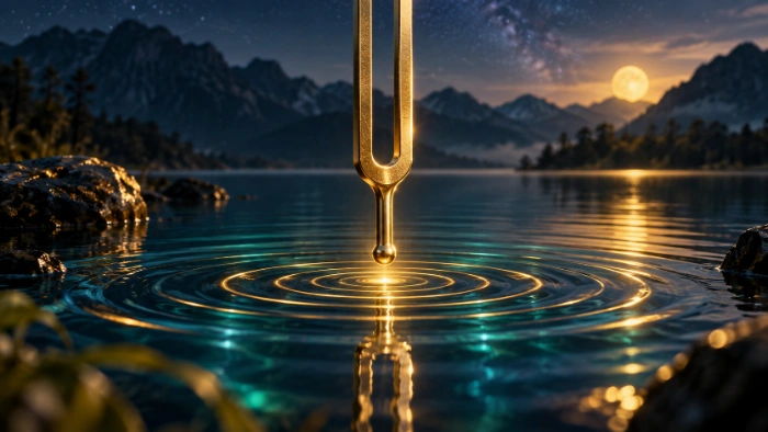 Goldene Stimmgabel berührt eine Wasseroberfläche und erzeugt Wellenringe
